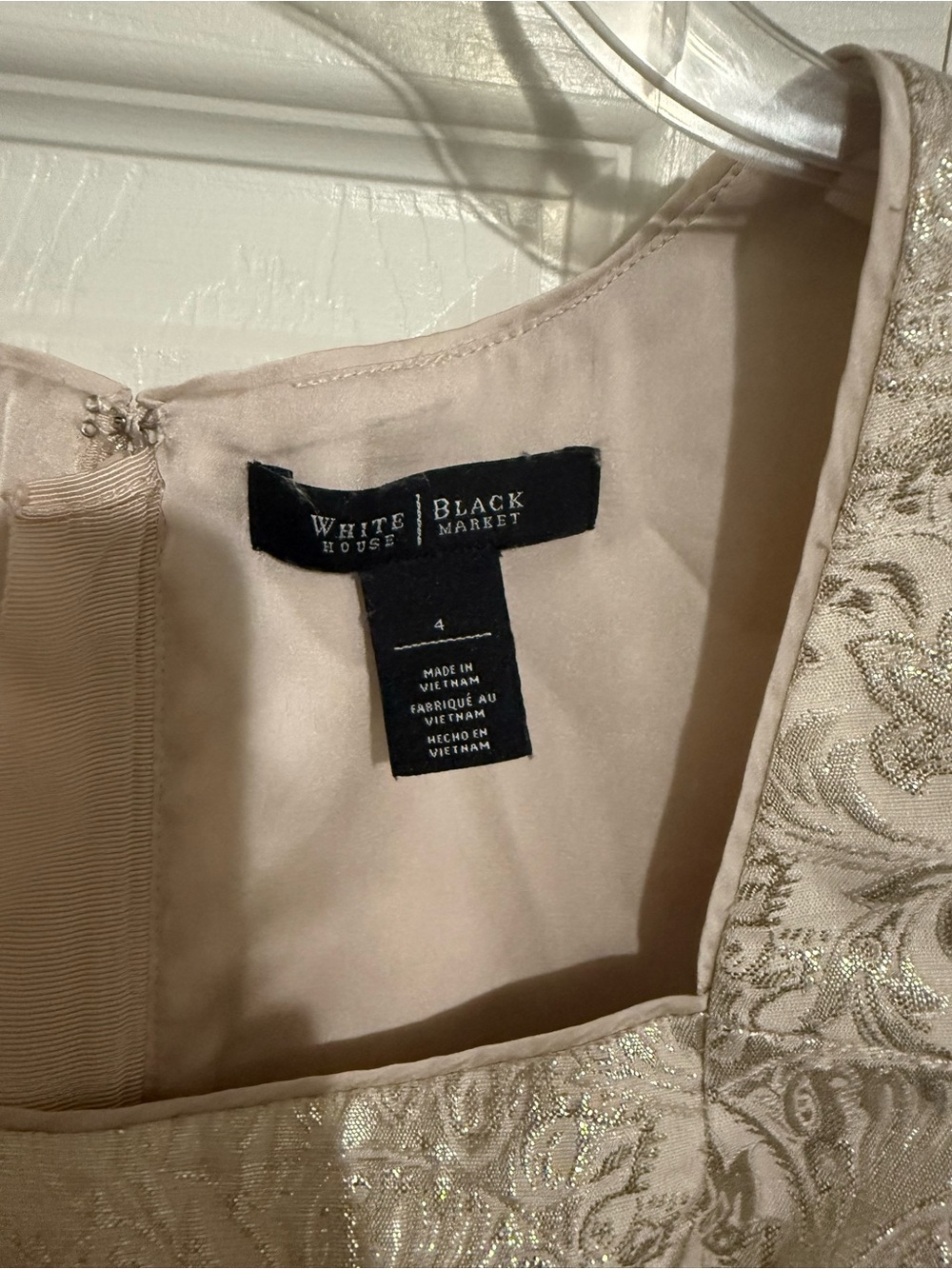 White House Black Market Metallic Jacquard Peplum Top in Light Champagne - Picture 2 of 4